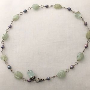 Vintage SS Aquamarine & Gum Metal Grey Seed Pearl Necklace